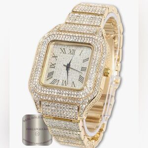 HALUKAKAH 18K Gold Plated Iced Watch Lab Diamond Roman Numeral Square Face W Box